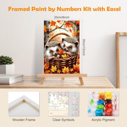 MOGTAA Fall Paint by Numbers Kit for Adults Beginners with Frame, Hedgehog Adult Paint by Number Kits on Canvas with Easel, Easy DIY Autumn Landscape Oil Painting Kits for Home Decor, 8x12in - color: Hedgehog