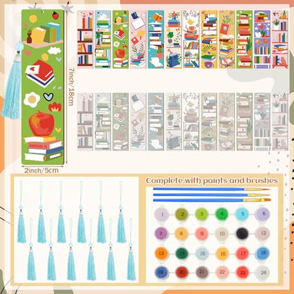 Kosiz 12 Pcs Book Paint by Number Kit for Adult Wood Bookmark | Mini Paint by Numbers Kit, Painting Decor, Back to School Tassels Blank Bookmark, for Small DIY Craft Book Lovers Gift 7x2 '' - style: Book