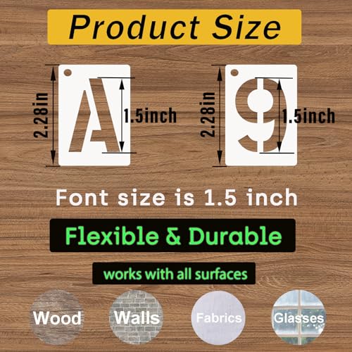 1.5 Inch Letter and Number Stencils, 68 Pcs Reusable Plastic Alphabet Spray Paint Stencils for Painting on Wood, Wall, Fabric, Rock, Signage, Door Porch, DIY Art Projects - size: 1.5 Inch