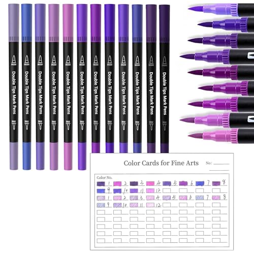 Purple Double Tip Brush Pens Art Markers,12 Colored Artist Fine Brush Pen Coloring Markers for Adult Drawing Art Craft Kit - color: Purple