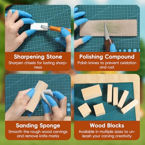 Housolution Wood Carving Kit with Carrying Bag, 30PCS Wood Carving Tools | Whittling Kit Includes Carving Knives Carving Chisels Basswood Blocks Gloves, Woodworking Tools for Beginners DIY Hobbies