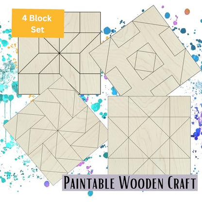 9" Barn Quilt Kit Set 4 | HST, Friendship Star, Dutch Sq, Flying Geese | Unfinished wood block signs to paint for DIY parties, farmhouse wall art collages, quilting crafts, handmade gifts. - size: 9 inches (set of 4), style: HST, Friendship Star, Dutch Sq