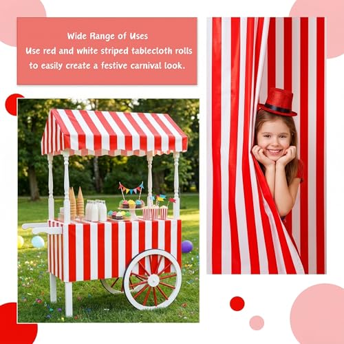 100FT x 54IN Carnival Red & White Striped Tablecloth Roll with Cutter Box | Heavy Duty Disposable Platic Table Cover Wall Backdrop, Cut-to-size for Booths Parties Backdrops - color: Red and White Stripe, size: 1200" x 54" (Rectangular)