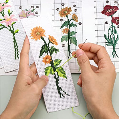 Caydo 3 Pieces Cross Stitch Bookmarks, DIY Stamped Embroidery Bookmark Kit | Cross Stitch Bookmarks for Beginner Flower Patterns 14 Count Crossstitch Projects for Book Lovers