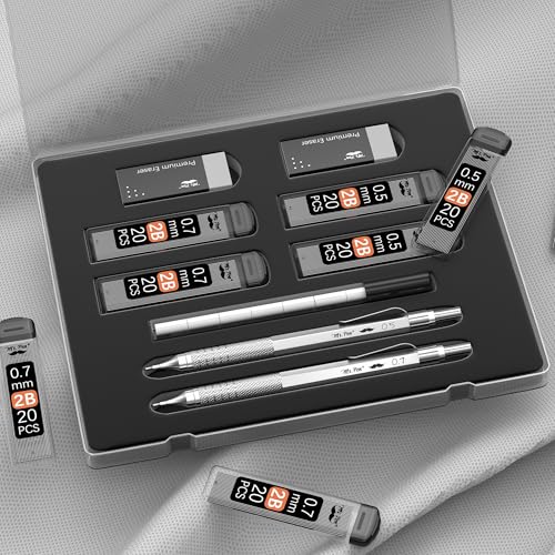 Mr. Pen- Metal Mechanical Pencil Set with Lead Refills & Erasers, 2 Pack | 2 Sizes, 0.5 & 0.7mm, 4x Tubes 2B Lead Refill, 2x Erasers for School Supplies, Note Taking, Drawing, Fathers Day Gift