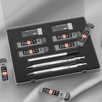 Mr. Pen- Metal Mechanical Pencil Set with Lead Refills & Erasers, 2 Pack | 2 Sizes, 0.5 & 0.7mm, 4x Tubes 2B Lead Refill, 2x Erasers for School Supplies, Note Taking, Drawing, Fathers Day Gift
