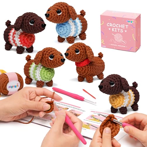 Mewaii Crochet Kit for Beginners, 5 Pack Dachshund Dog Craft Set - color: Brown Red and Blue