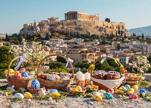 7x5FT Easter Backdrop Athens Acropolis Iconic Landmarks Colorful Eggs Flower Basket Background for Spring Themed Baby Birthday Shower Party Decor Vinyl - color: town
