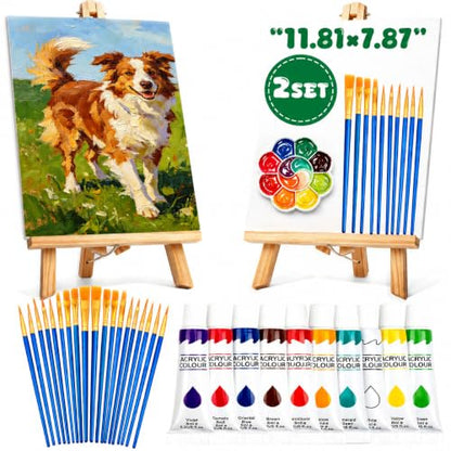 Painting Kit 2 Person Acrylic Art Set with Canvas, Easel, Brushes & Paints, DIY Creative Gift for Beginners - color: 2 Set Painting Kit