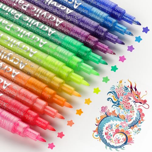 MaxGear Acrylic Paint Pens Glitter Markers Pen Set 12 Pack Colors Drawing Markers 0.7mm Ultra Fine Point Tip Paint Marker for DIY Christmas Crafts Greeting Birthday Cards Making Poster Album Mugs - style: Glitter Markers 12 Pack