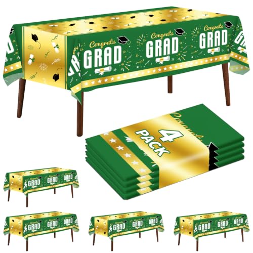 4 Pack Graduation Tablecloth 54"x108" Disposable Plastic Tablecloths Gongrats Grad Tablecover for Graduation Party Supplies (Green) - color: Graduation Green