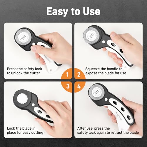 Teslong 45mm Rotary Cutter for Fabric, Extra 8pcs Replacement Blades | Ergonomic Handle Fabric Cutter Wheel with Safety Lock for Fabric, Leather, Crafting, Sewing, Quilting, Left & Right Hand