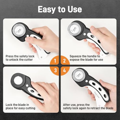 Teslong 45mm Rotary Cutter for Fabric, Extra 8pcs Replacement Blades | Ergonomic Handle Fabric Cutter Wheel with Safety Lock for Fabric, Leather, Crafting, Sewing, Quilting, Left & Right Hand