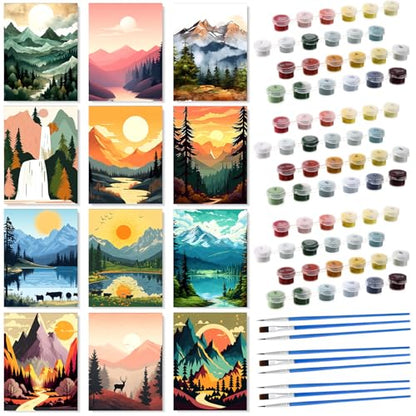 Humyoun 12 Pack 9 x 12 Inch Paint by Numbers Kit for Adults Beginners DIY Acrylic Oil Painting Paint by Number Kits Drawing Paintwork on Canvas Without Frame for Home Decor(Mountain Style) - style: Mountain Style