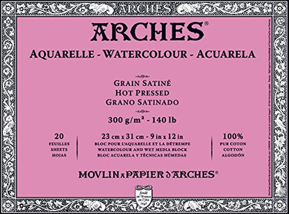 Arches 23 x 31 cm 300 GSM Hot Pressed Glued on 4 Sides Block Watercolour Paper - Natural White (Pack of 20 Sheets)