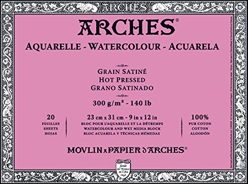Arches 23 x 31 cm 300 GSM Hot Pressed Glued on 4 Sides Block Watercolour Paper - Natural White (Pack of 20 Sheets)