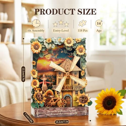 3D Puzzles for Adults Sunset Windmill Wooden Bloom Craft with LED Light - color: Sunflower-1