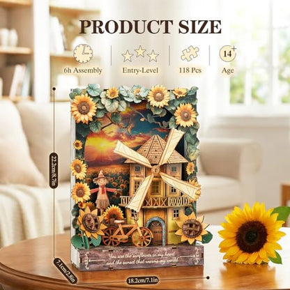 3D Puzzles for Adults Sunset Windmill Wooden Bloom Craft with LED Light - color: Sunflower-1