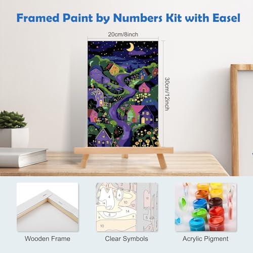 MOGTAA Starry Night Paint by Numbers Kit for Adults Beginners with Frame, House and Flowers Adult Paint by Number Kits on Canvas with Easel, Easy DIY Oil Painting Kits for Home Decor, 8x12in - color: Starry Night