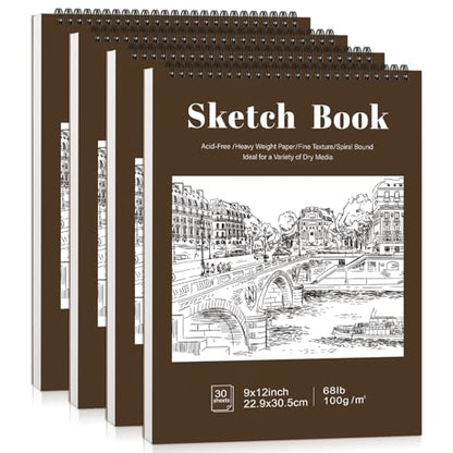 4 Pack Sketch Books 9 × 12 in, Top Spiral, 30 Sheets Each, Drawing Pad - color: Tan, size: 9 × 12Inch（4 Pack）