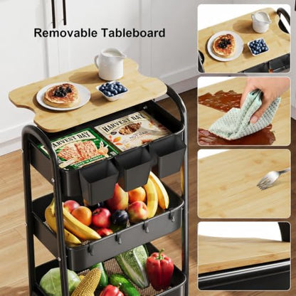 3 Tier Metal Rolling Cart with Wheels and Wooden Table Top, Three Tiered Craft Cart Organizer on Wheels, Black Storage Utility Carts for Art, Diaper Caddy, Baby Nursery, Office, Laundry, Snack, Book - color: Black