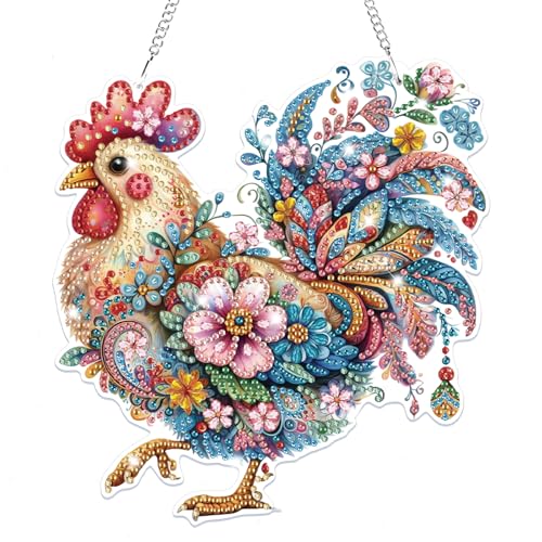 Bowetile Hanging Diamond Art Chicken Kits for Adults, 5D Special Shape Diamond Painting Rooster Pendant Kits, Animal Gem Art Suncatchers Painting Ornament for Home Garden Wall Window Decor - color: Chicken-02