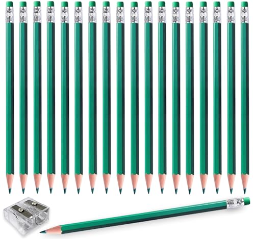 Adhere 25pcs Checking Pencils Erasable colored Pencils Pre-Sharpened #2 HB,for Checking Tests Grading,Map Coloring, editing Office Favors,including a Free sharpener. (Green) - color: Green