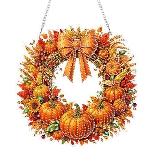 Eiflow Acrylic Diamond Art Hanging Kit for Adults Pumpkin Wreath, DIY Diamonds Painting Door Hanger Board Kit, Special Crystal Diamond Art Painting Pendant Ornament (Fall Wreath) - color: Fall Wreath