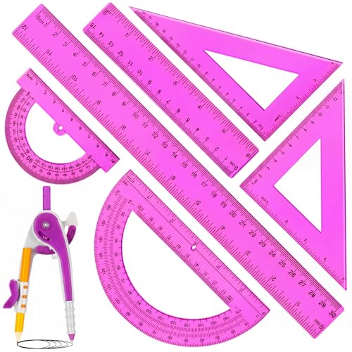 Zonon 1 Set Plastic Geometry Math Set 7 Pcs Includes 6'' / 4 '' Protractor, Drawing Compass, 45/60 Degree Triangle Rulers, 12'' / 6'' Math Ruler Transparent for Office Supplies(Purple) - color: Purple