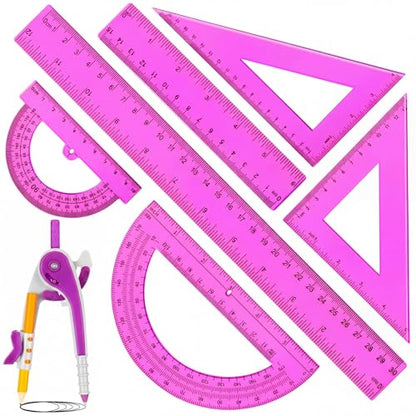 Zonon 1 Set Plastic Geometry Math Set 7 Pcs Includes 6'' / 4 '' Protractor, Drawing Compass, 45/60 Degree Triangle Rulers, 12'' / 6'' Math Ruler Transparent for Office Supplies(Purple) - color: Purple