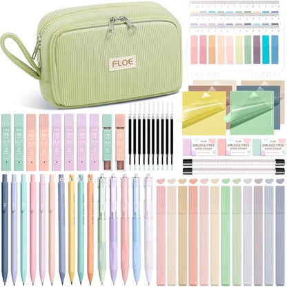 62PCS Aesthetic School Supplies Cute Back to School Supplies Stationary Set | College Preppy Essentials Kit with Large Pencil Pouch Case, Pastel Highlighters Gel Pens Mechanical Pencils for Student Girls - color: Green