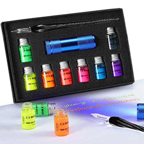 ESSSHOP Glass Dipped Pen Calligraphy Set - 7 Colorful Inks with Fluorescent & Invisible Ink Dip Pen Kit for Writing Signing Drawing Calligraphy Decoration Christmas day gifts