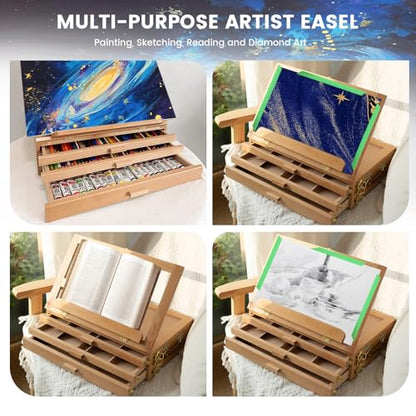 Tabletop Easel for painting with Storage, Wooden Artist Box Easel with 3 Drawers, Adjustable Desk Easel for Painting, Beechwood Art Supply Organizer with Handle & Strap for Adults Artists (Beech Wood)