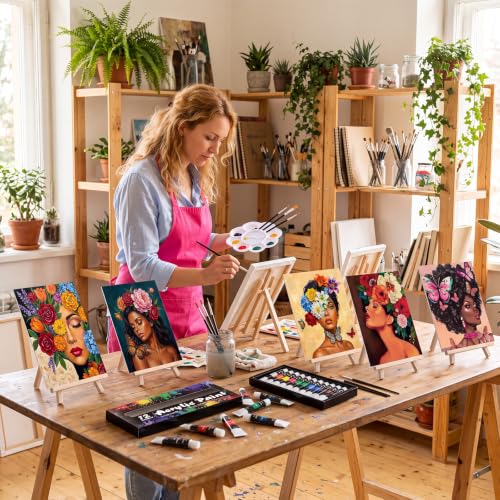 Cholemy 6 Set Paint and Sip Kit for Adults 8"x 10" Pre Drawn Canvas Painting with Wooden Easel Acrylic Paint Wash Cup Brushes Palette Apron for Painting DIY Adult's Date Party Supplies(Flower Lady) - style: Flower Lady