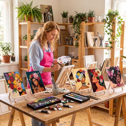 Cholemy 6 Set Paint and Sip Kit for Adults 8"x 10" Pre Drawn Canvas Painting with Wooden Easel Acrylic Paint Wash Cup Brushes Palette Apron for Painting DIY Adult's Date Party Supplies(Flower Lady) - style: Flower Lady