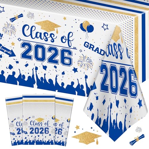 Graduation Decorations Class of 2026 Tablecloth - 3 Pcs Plastic Congrats Grad Table Cloth, Graduation Table Cover for Graduations Party Decorations 2026 and Party Supplies, 54"x108" (Blue and Gold) - color: Blue and Gold