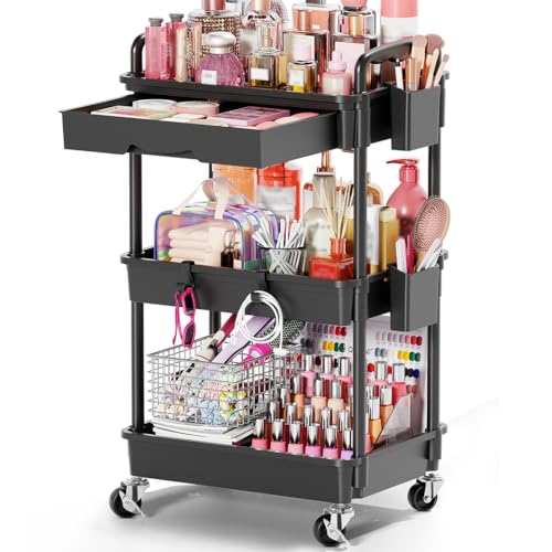 Goovilla Rolling Makeup Organizer Cart with Removable Drawer, 3 Tier Black | Stable Floor Skincare Storage Cart for Vanity, Cosmetic Display, Nail Polish, Perfume, Hair Stuff, Beauty, Bathroom(Plastic) - color: Black, size: 3 Tier