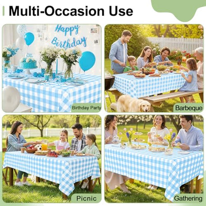 4 Packs Buffalo Disposable Table Cloth, 54 x 108 Inch Waterproof Plastic Tablecloth, Rectangle Baby Blue and White Checkered Table Covers for Picnic, Birthday, Party, Back to School - color: Baby Blue and White, size: 54" x 108" - 4 Pack