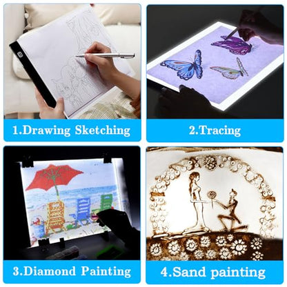 Ratukall A4 LED Light Pad for Diamond Art, USB Powered Light Board Kit | Adjustable Brightness Tracing Light Box with Diamond Painting Accessories & Tools, Includes Storage Case, Drill Pens & Stand - style: 01-A4 Light Pad Kit