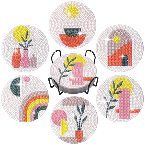 Vcekract 6 Pcs Diamond Art Coasters Kit for Adults | Diamond Painting Coasters with Holder & Protective Backing, Diamond Art Adult Crafts for Table Home Decoration - color: Sun Coasters