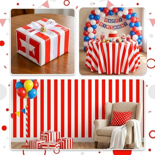 100FT x 54IN Carnival Red & White Striped Tablecloth Roll with Cutter Box | Heavy Duty Disposable Platic Table Cover Wall Backdrop, Cut-to-size for Booths Parties Backdrops - color: Red and White Stripe, size: 1200" x 54" (Rectangular)