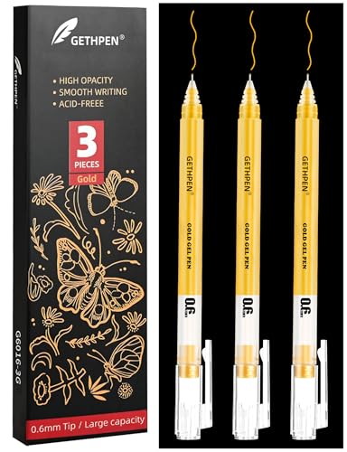 GETHPEN 3-Pack Gold Gel Pens, 0.6mm Fine Point Opaque Archival Ink Pens | Metallic Gel Ink Pens for Black Paper, Artists Drawing, Sketching, Adult Coloring Books, Card Making, Bullet Journaling - size: 0.6 mm, style: 3 Pack Gold
