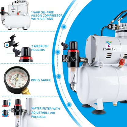 Airbrush Compressor Kit, 3 Airbrushes for Hobby Painting | 1/6HP compressor with 3L tank & 3 airbrushes delivers stable airflow for model painting, crafts, DIY projects and artwork