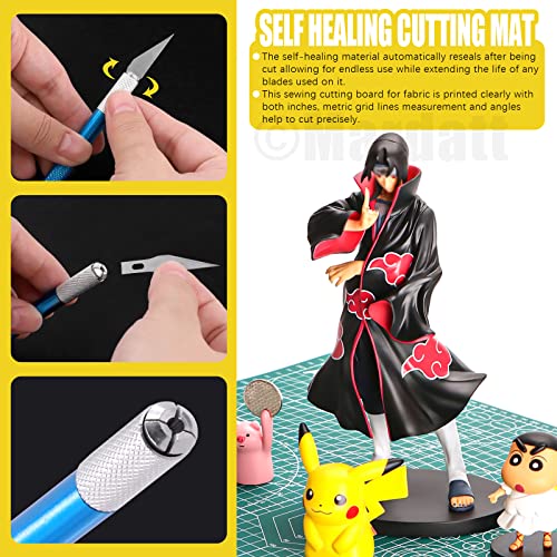 3Pcs A3 A4 A5 PVC Self Healing Cutting Mat with Precision Carving Knife, 5-Ply Double Sided Non-Slip Cutting Board Mat with Grid for Crafts Sewing Quilting Fabric（Green）