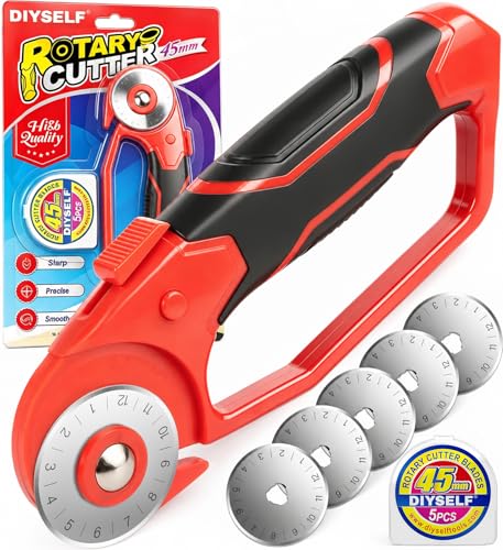 DIYSELF 45mm Rotary Cutter for Fabric, Fabric Cutter Rotary Tool, 5 Blades | Roller Cutter for Fabric with Ergonomic Handle, Safety Lock and Quick-Change Blades for Quilting, Sewing, Paper and Leather - color: Red