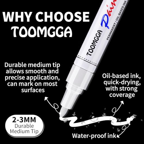 TOOMGGA 12 White Paint Pens Permanent Paint Markers, Oil Based Medium Tip | Marking Pens, Quick Drying, Waterproof, Fade-resistant, for Rock Painting, Car Tyre, Metal, Plastic, Canvas, Wood, Glass - color: White
