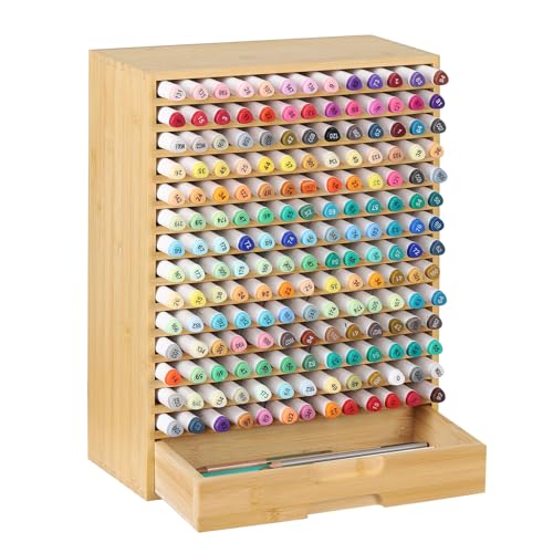 AUTOARK Natural Bamboo Marker Organizer with Drawer, AHK-065 | 182 Slots - size: 182 Markers