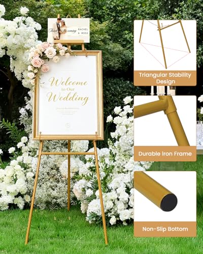 53.9" Gold Easel Stand for Sign, Heavy Duty Metal Display Easel with Storage Bag, Adjustable Art Easel for Wedding Sign, Painting, Picture - color: Gold DM