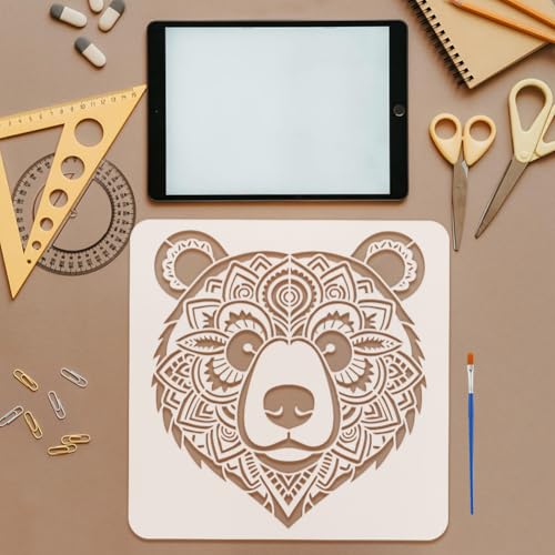 FINGERINSPIRE 12 Styles Mandala Texture Animal Stencils with a Brush 11.8x11.8inch Tiger Bear Owl Tiger Bear Owl Horse Leopard Deer Dog Turtle Lion Wolf Rabbit Painting Stencil Animal Theme Template