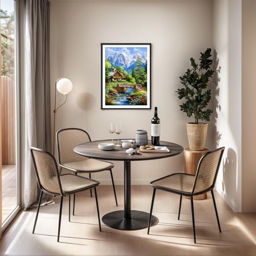 PINFFSHU Landscape Diamond Painting Kit for Adults: Rustic Wood Cabin, Wildflower Meadow, Sparkling Stream & Snowy Peaks - 5D DIY Full Round Drill Diamond Art Kits Home Wall Art Decor, 12x16 Inch - color: Green, blue, brown, white, red, yellow